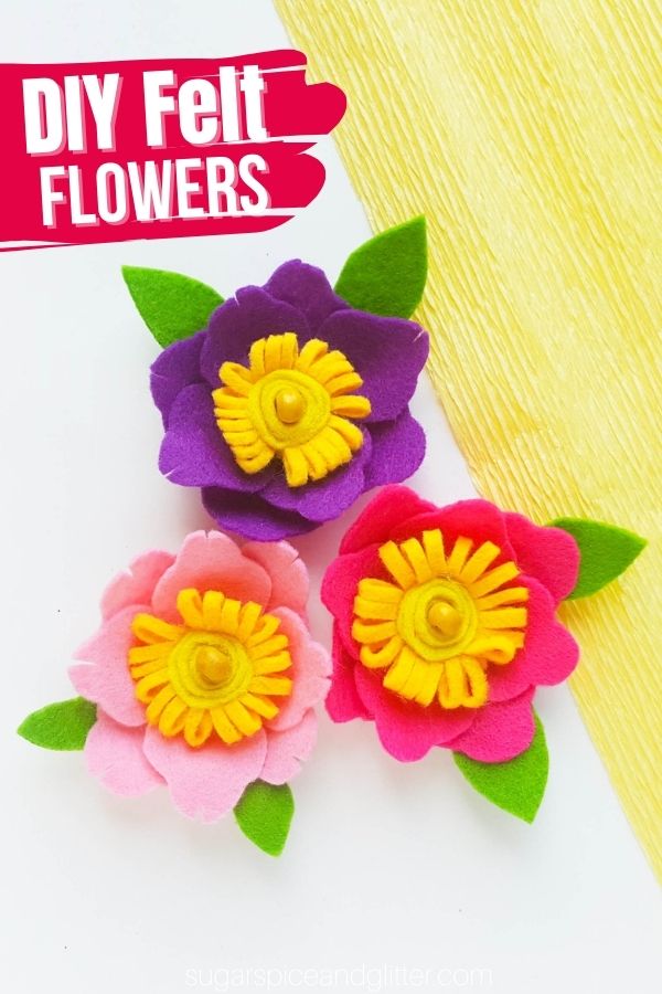 A fun and easy tutorial for how to make felt flowers, perfect for adding to a variety of craft projects: felt flower headbands, wreaths, magnets, picture frames, etc.