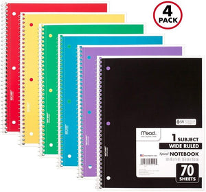 Mead Spiral Notebooks, 1 Subject, Wide Ruled Paper, 70 Sheets (4 Pack)