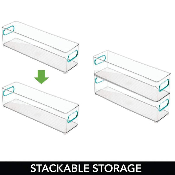 Buy mdesign plastic stackable home office storage bin desk and drawer organizer tote with handles for storing gel pens erasers tape pencils highlighters markers 14 5 long 4 pack clear blue