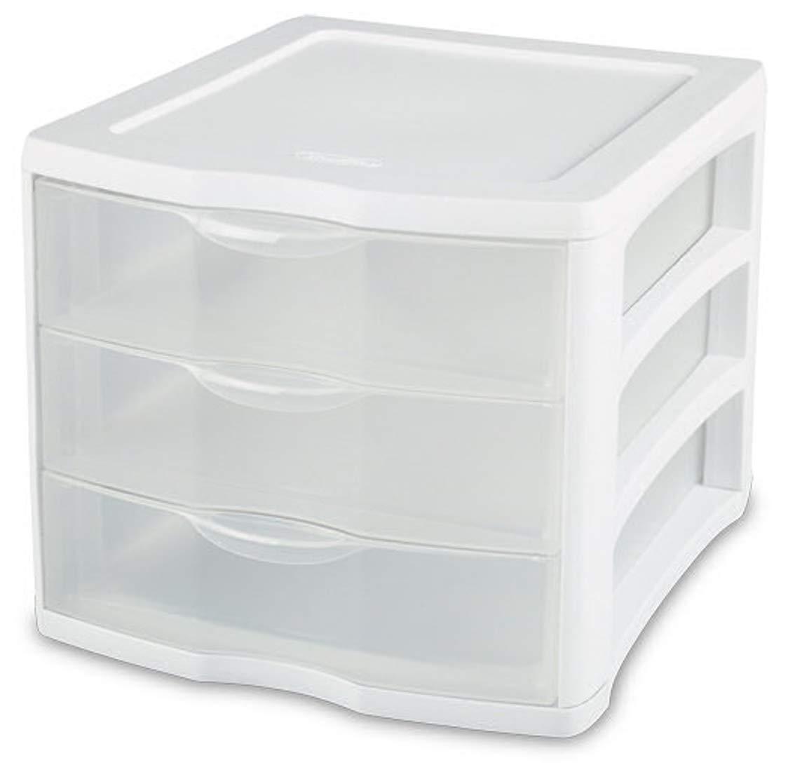 Budget friendly 3 unit plastic shelves drawer organizer shelving storage solution stackable with clear drawer handles for home office supplies school kids cabinets dresser makeup accessory utility white clear 4