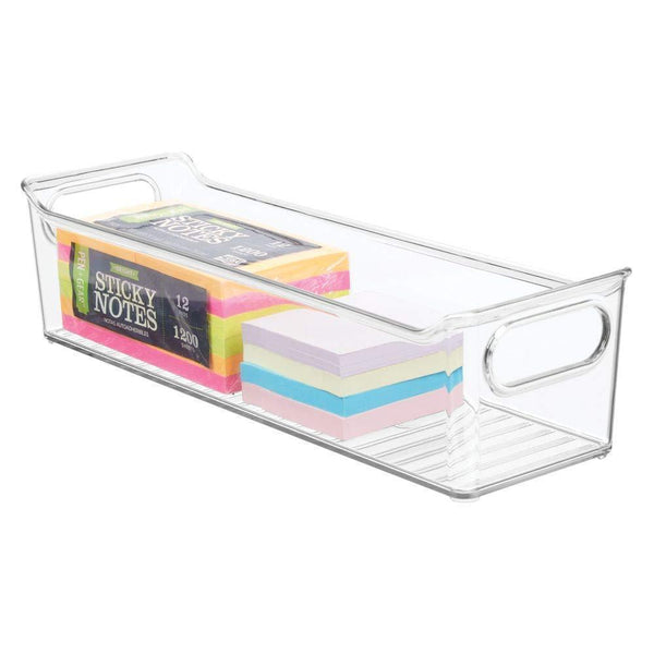 Discover mdesign slim plastic home office storage bin container desk and drawer organizer tote with handles holds gel pens erasers tape pens pencils highlighters markers 14 long 4 pack clear