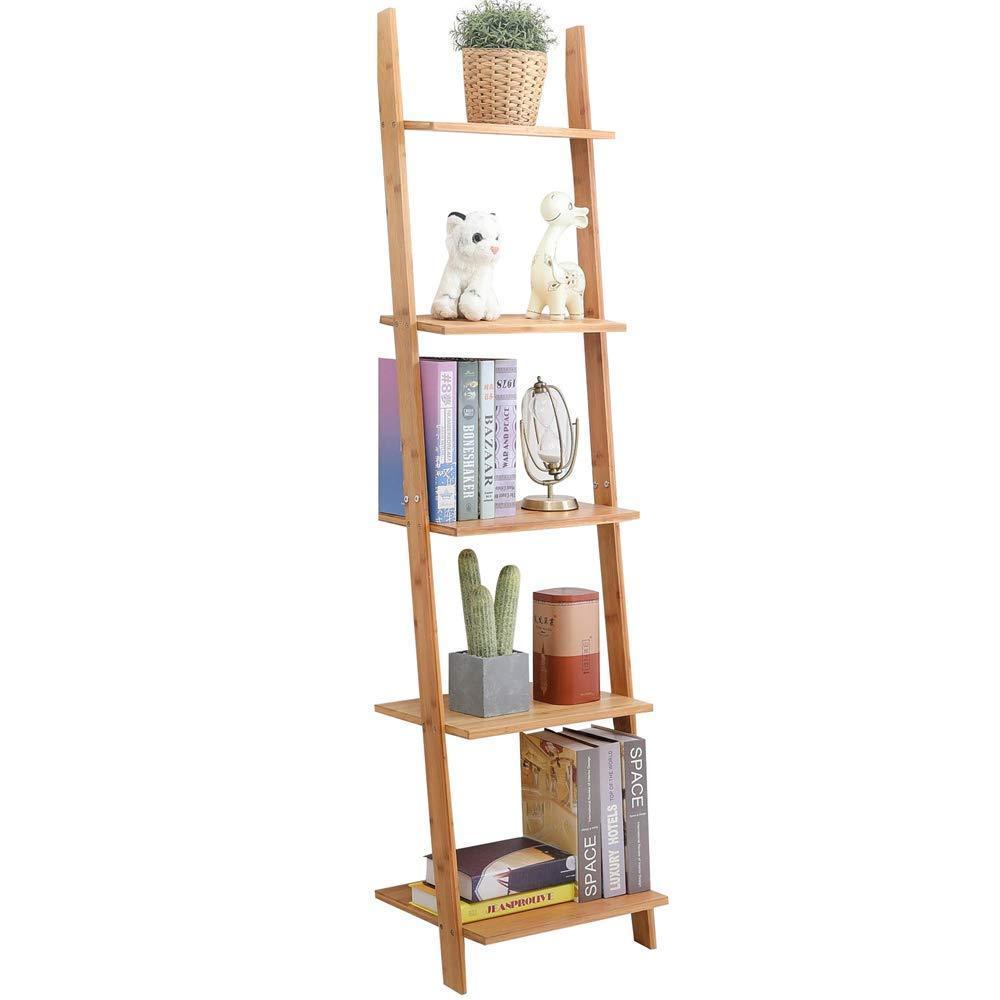 Purchase exilot natural bamboo ladder shelf 5 tier wall leaning bookshelf ladder bookcase storage display shelves for living room kitchen office multi functional plant flower stand shelf