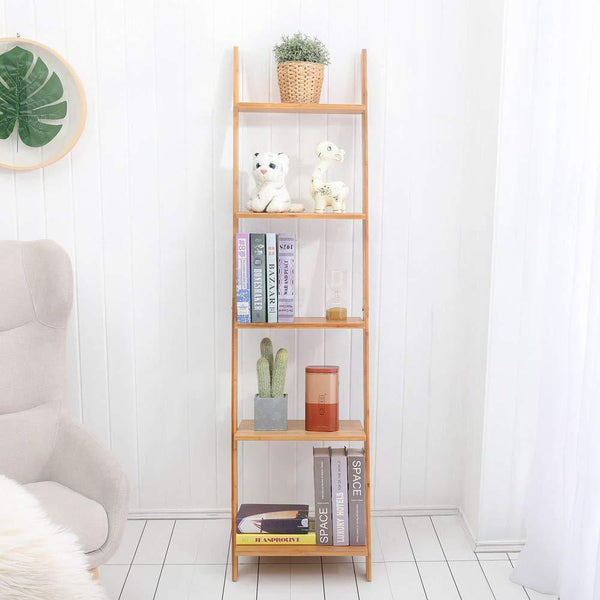 Selection exilot natural bamboo ladder shelf 5 tier wall leaning bookshelf ladder bookcase storage display shelves for living room kitchen office multi functional plant flower stand shelf