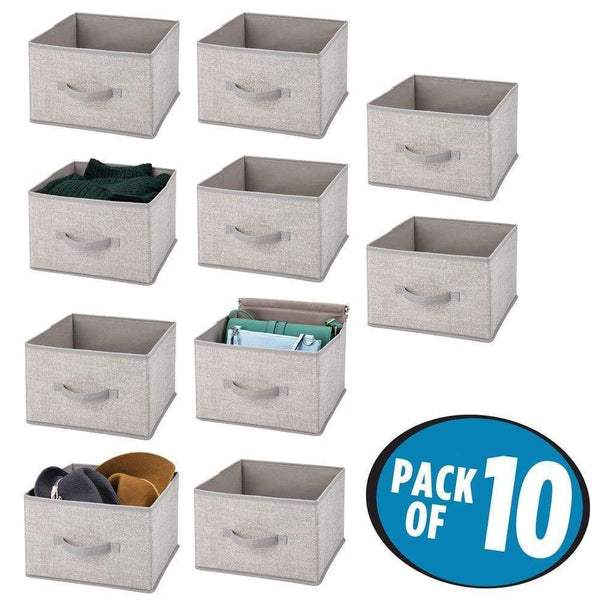 Heavy duty mdesign soft fabric closet storage organizer holder cube bin box open top front handle for closet bedroom bathroom entryway office textured print 10 pack linen tan