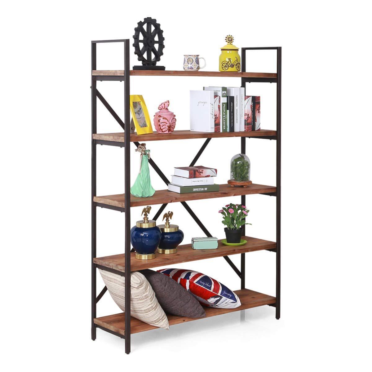 Get care royal vintage 5 tier open back storage bookshelf industrial 69 5 inches h bookcase decor display shelf living room home office natural solid reclaimed wood sturdy rustic brown metal frame