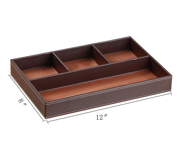 Best valet tray men nightstand drawer organizer 4 compartments pu leather office table stationery storage box for key phone coin wallet jewelry glasses cosmetics business card pen watch note paper brown