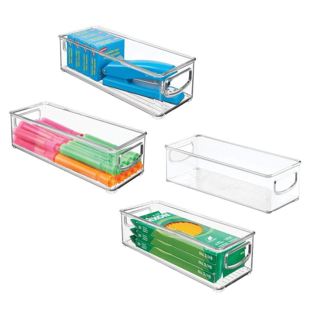 mDesign Stackable Plastic Office Storage Organizer Container with Handles for Cabinets, Drawers, Desks, Workspace - BPA Free - for Pens, Pencils, Highlighters, Tape - 10" Long, 4 Pack - Clear