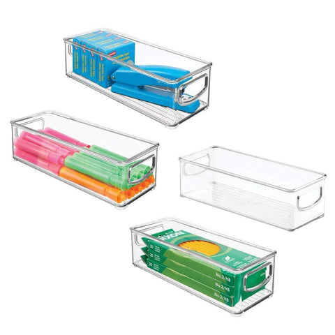 mDesign Stackable Plastic Office Storage Organizer Container with Handles for Cabinets, Drawers, Desks, Workspace - BPA Free - for Pens, Pencils, Highlighters, Tape - 10" Long, 4 Pack - Clear