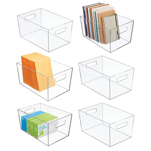 Storage mdesign plastic storage bin with handles for office desk book shelf filing cabinet organizer for sticky notes pens notepads pencils supplies 12 long 6 pack clear