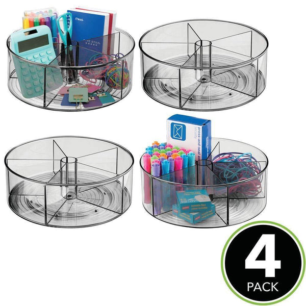 New mdesign deep plastic lazy susan turntable storage container divided spinning organizer for home office supplies pens erasers tape colored pencils 4 pack smoke gray
