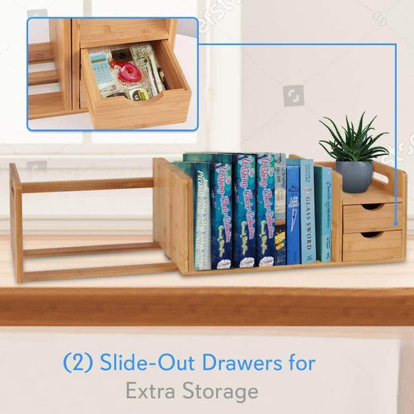 Heavy duty bamboo wood expandable desk organizer desktop tabletop organic wooden filing organization bookshelf w storage drawer for book home office file paper supplies cookbook serenelife sldcab180