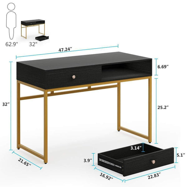 Shop here tribesigns computer desk modern simple home office gold desk study table writing desk workstation with 2 storage drawers makeup vanity console table 47 inch black
