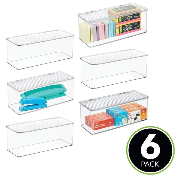 Cheap mdesign long plastic stackable home office supplies storage organizer box with attached hinged lid holder bin for note pads gel pens staples dry erase markers tape 8 pack clear