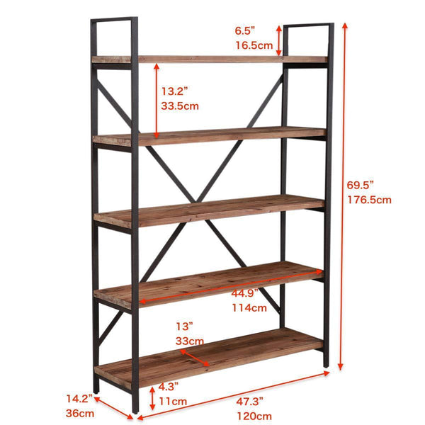 Home care royal vintage 5 tier open back storage bookshelf industrial 69 5 inches h bookcase decor display shelf living room home office natural solid reclaimed wood sturdy rustic brown metal frame