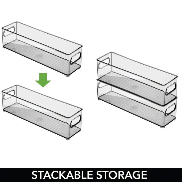 Kitchen mdesign stackable plastic office storage bin holder desk drawer organizer tote with handles for organizing gel pens erasers tape pencils highlighters markers 14 5 long 4 pack smoke gray