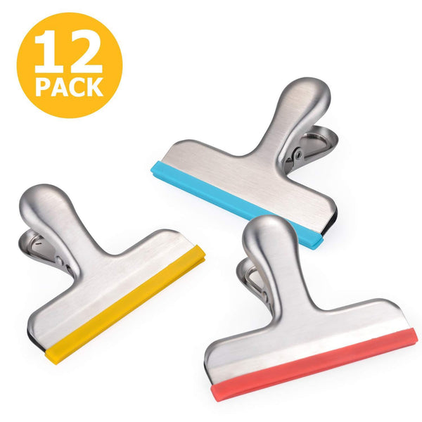 12 Pack Chip Bag Clips Covered with Silicone - NO More Sharp Edges - Color Coded with 3 Different Colors Perfect for Good Grips Food Bags and Chip Bags - Air Tight Seal, Heavy Duty, 3 Inches Wide