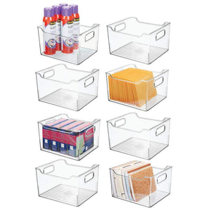mDesign Deep Plastic Home Office Storage Bin Container, Desk and Drawer Organizer Tote with Handles - for Organizing Gel Pens, Erasers, Tape, Pencils, Highlighters, Markers - 10" Long - 8 Pack - Clear