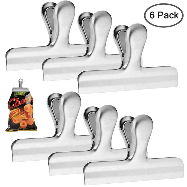 6 Pack Stainless Steel Chip Bag Clips, 4.7 inch Width, DanziX Big Durable Paper Seal Grip for Coffee Food Bread Bags, Kitchen Home Office Usage - Sliver