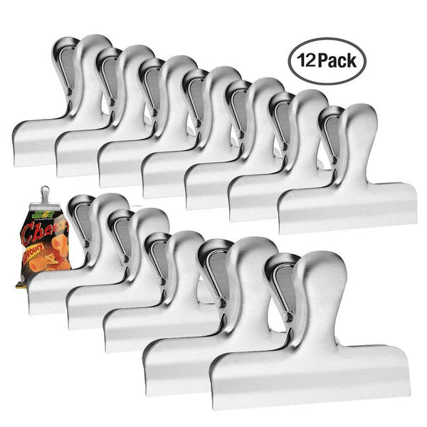 12 Pack Stainless Steel Clips Grips for Chip Bags, 3 inch and 4 inch Width, Danzix Durable Paper Seal Tool for Coffee Food Bread Bags, Kitchen Home Usage, 10 Small and 2 Large - Sliver