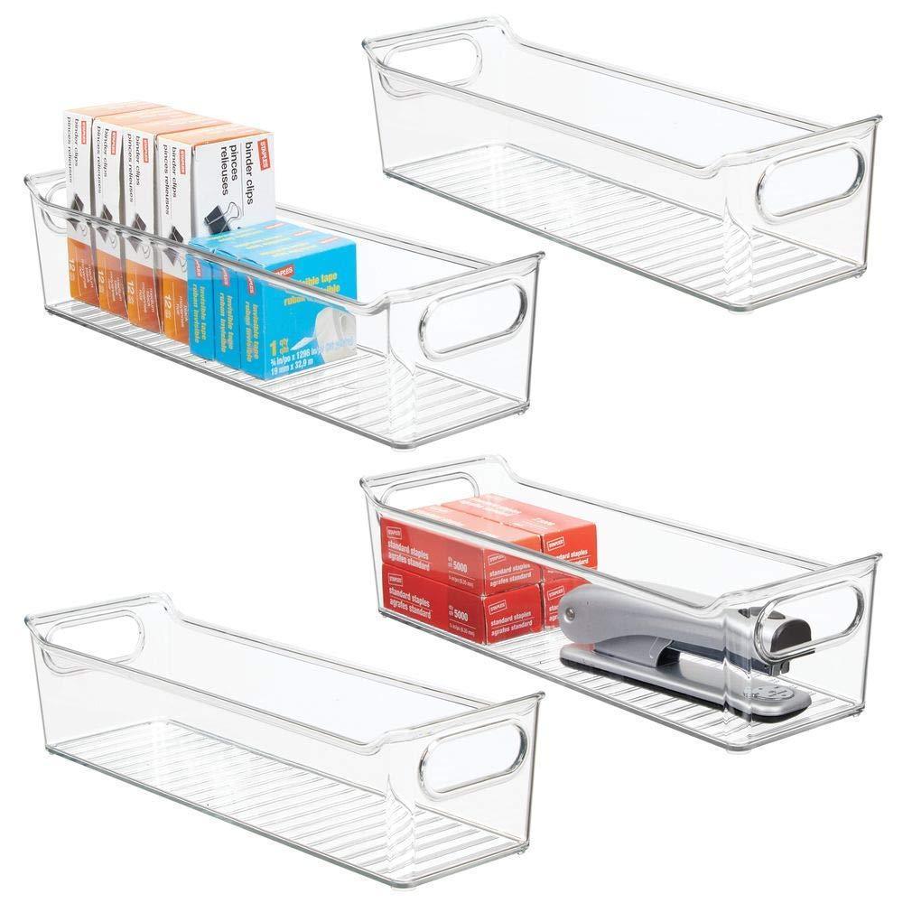 Cheap mdesign slim plastic home office storage bin container desk and drawer organizer tote with handles holds gel pens erasers tape pens pencils highlighters markers 14 long 4 pack clear