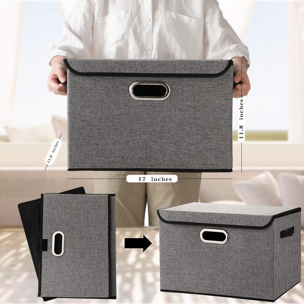 Discover large foldable storage box bin with lids2 pack no smell stackable linen fabric storage container organizers with handles for home bedroom closet nursery office gray color