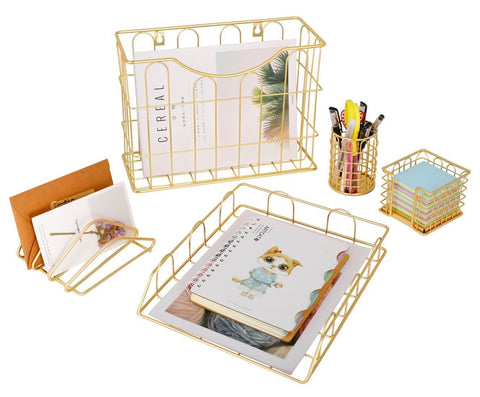 Kitchen superbpag office 5 in 1 desk organizer set gold letter sorter pencil holder stick note holder hanging file organizer and letter tray