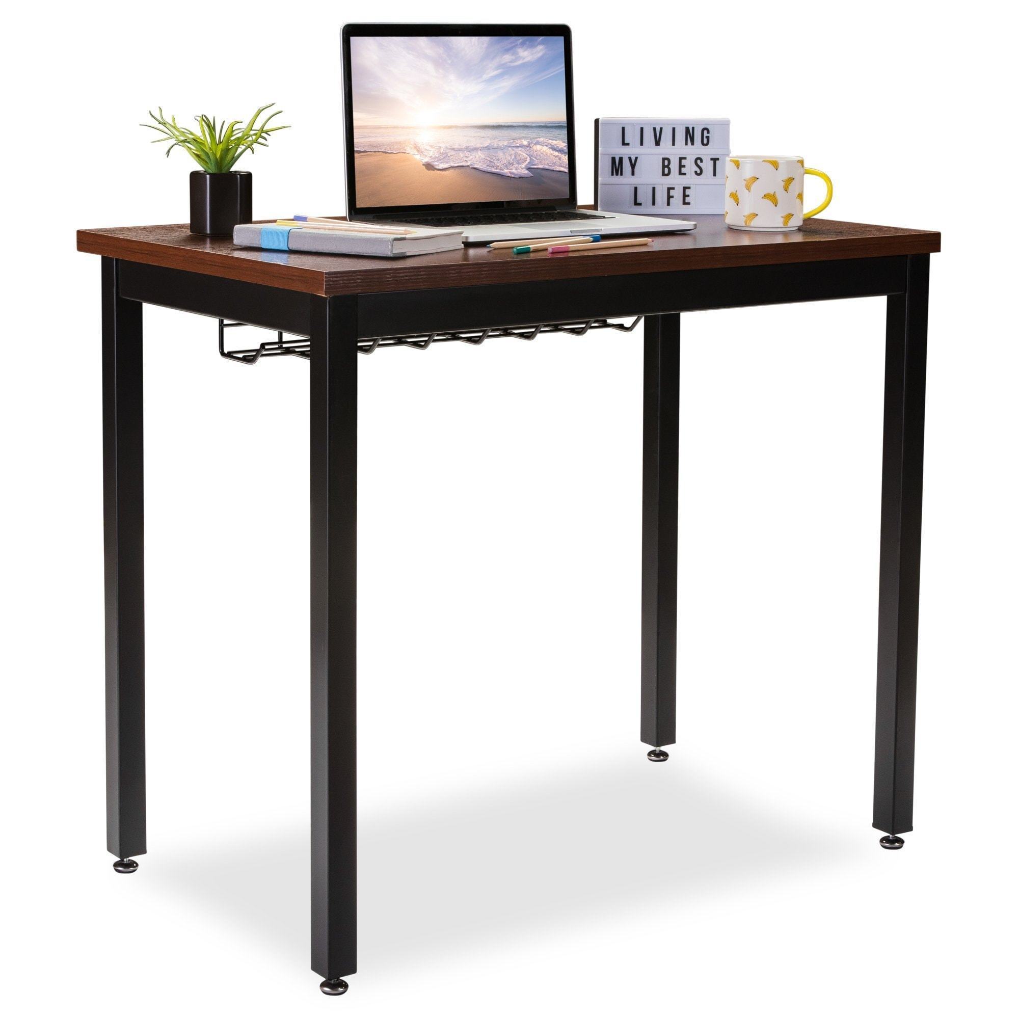 Cheap small computer desk for home office 36 length table w cable organizer sturdy and heavy duty writing desk for small spaces and students laptop use damage free promise teak