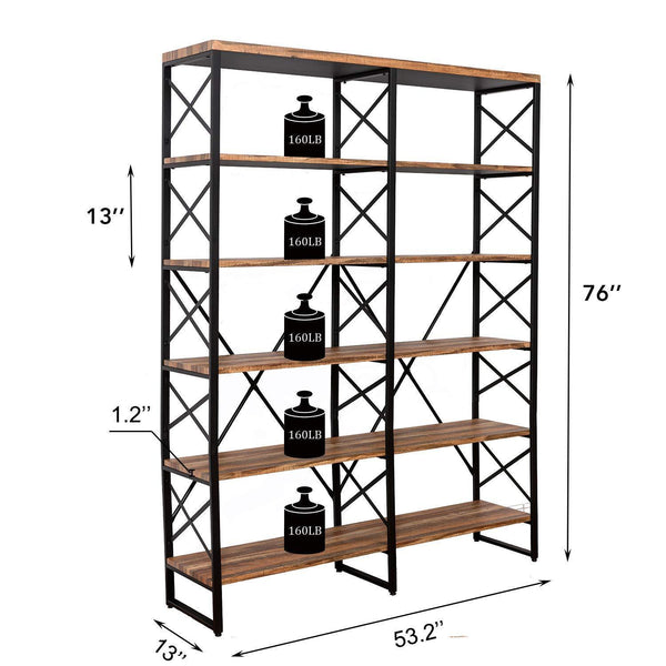 Kitchen ironck bookshelf double wide 6 tier 70 h open bookcase vintage industrial style shelves wood and metal bookshelves home office furniture