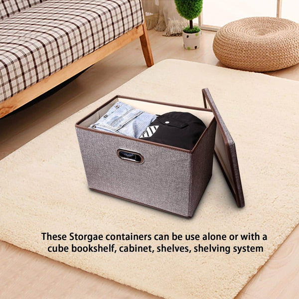 Great large linen fabric foldable storage container 2 pack with removable lid and handles storage bin box cubes organizer gray for home office nursery closet bedroom living room