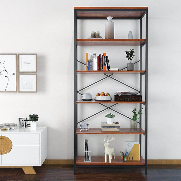 Shop here flyerstoy 5 tier bookcase vintage industrial standing bookshelf wood and metal bookshelves for home and office organizer us stock brown