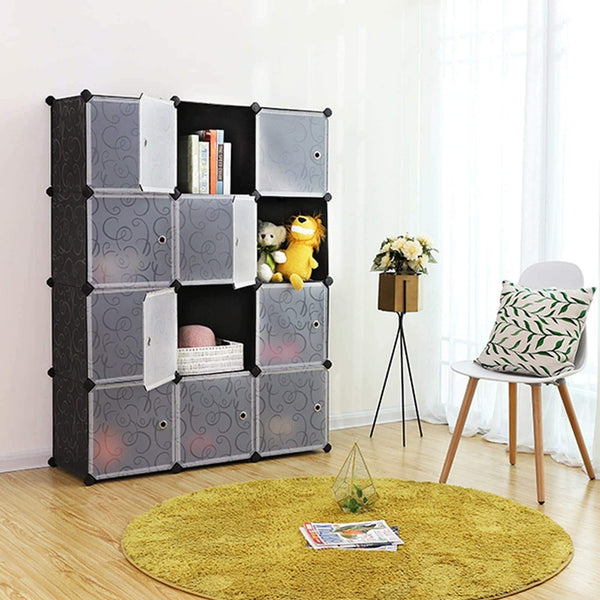 Products songmics cube storage organizer 12 cube closet storage shelves diy plastic closet cabinet modular bookcase storage shelving with doors for bedroom living room office black ulpc34h