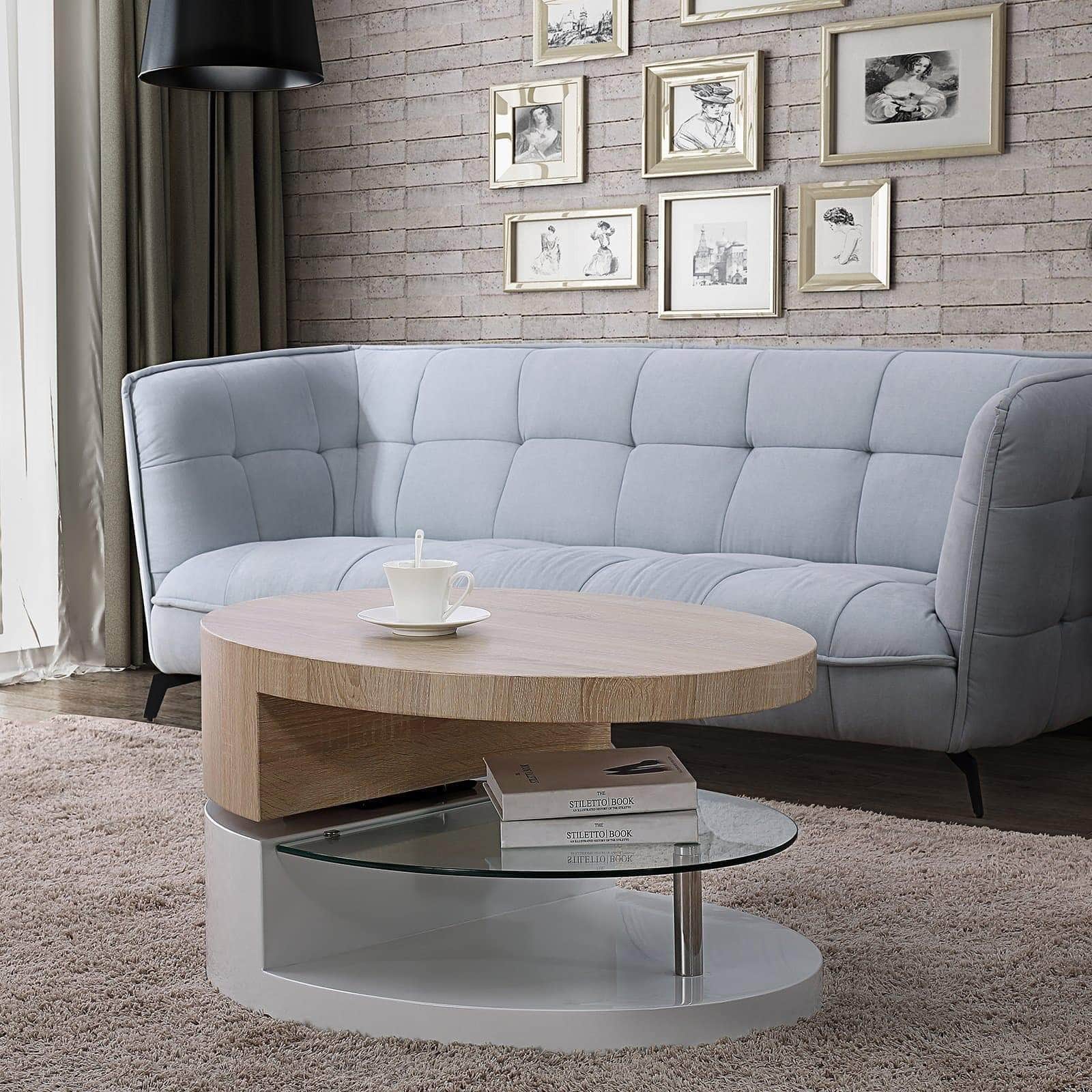Shop here mecor swivel coffee table oval 360 degree rotating modern side end sofa tea table with glass 3 layers wood glass mdf living room office furniture
